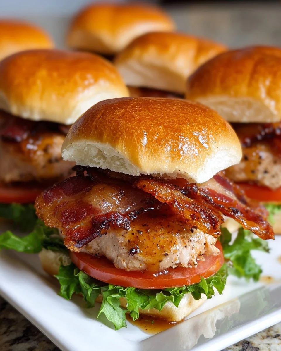 Maple bacon turkey sliders served on a platter, garnished with fresh herbs.
