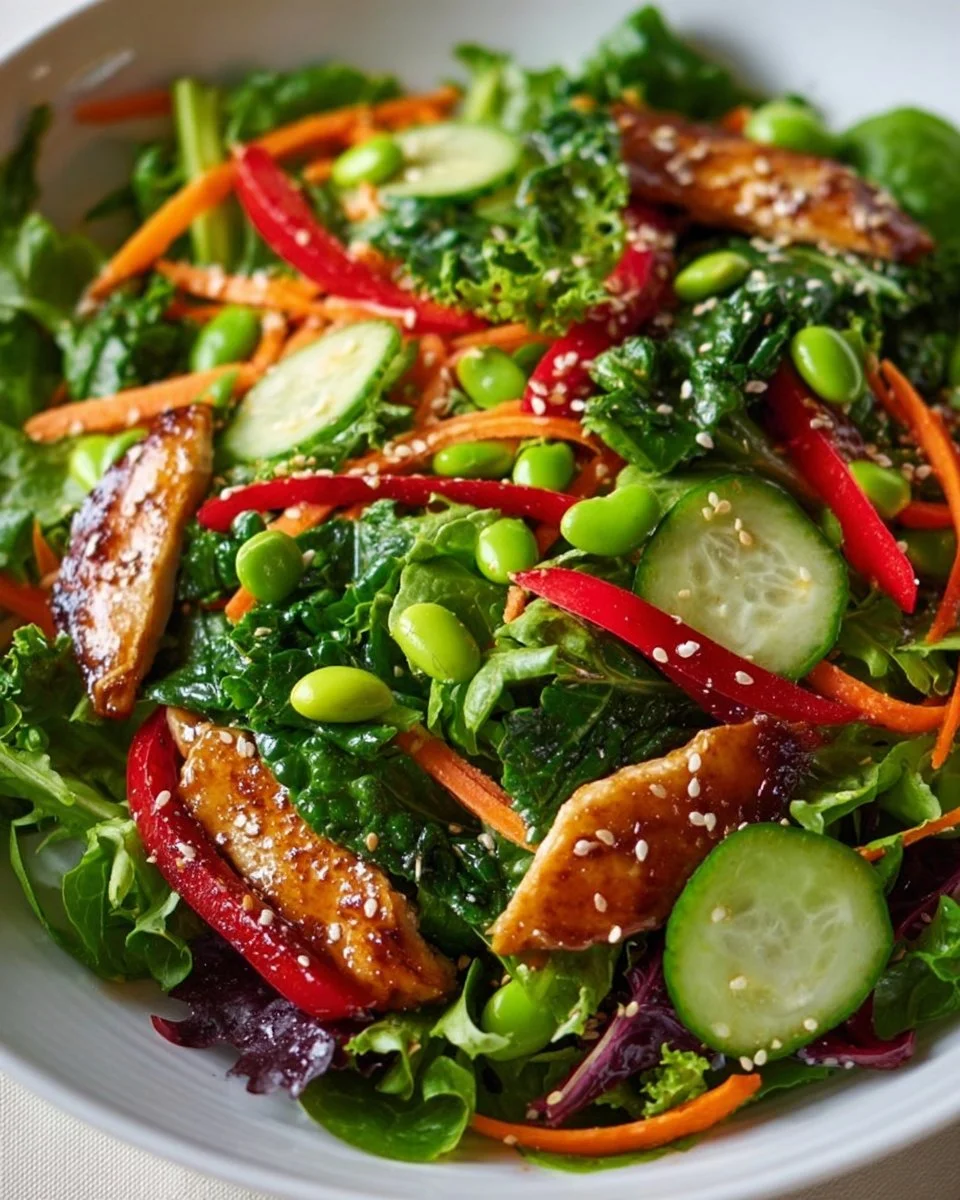 Mixed green salad with sesame ginger vinaigrette dressing and fresh vegetables