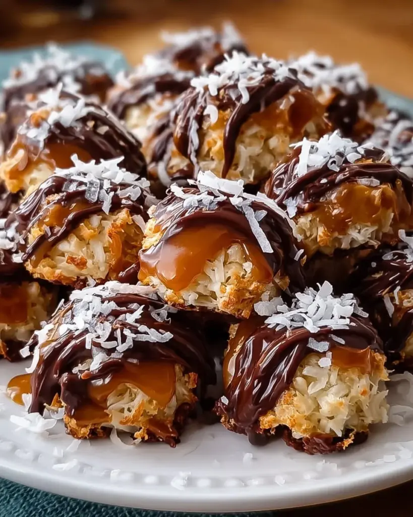 Delicious no-bake Samoa Cookie Bites made with chocolate and coconut.