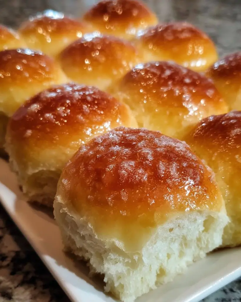 Golden brown no-knead buttermilk dinner rolls fresh out of the oven