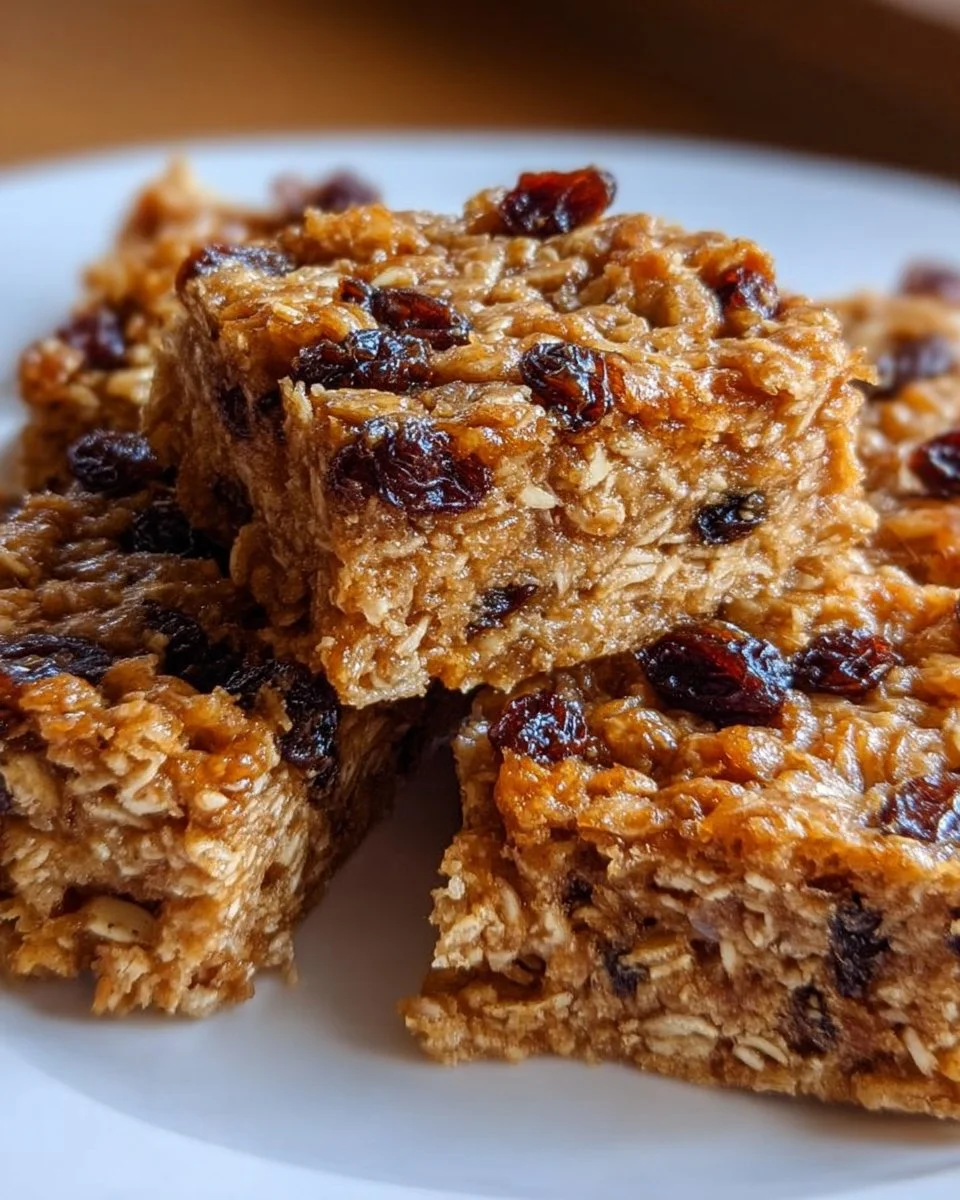 Homemade oatmeal raisin bars with oats and raisins on a wooden table.
