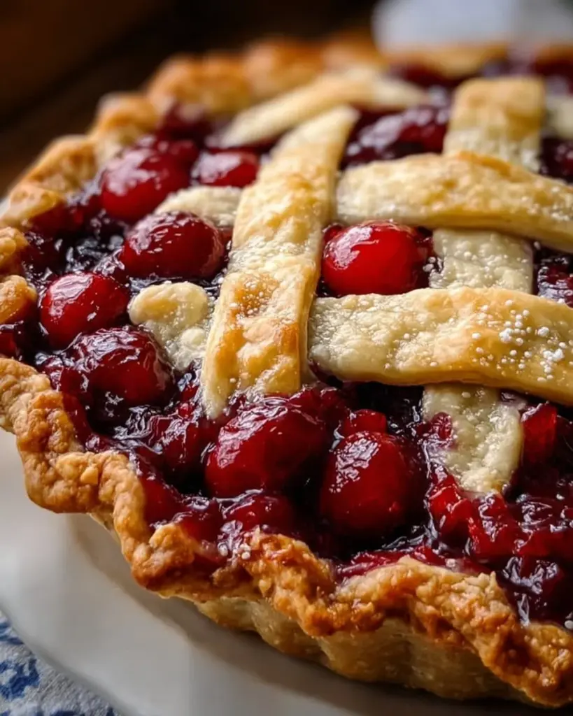 Slices of Old-Fashioned Poor Man’s Cherry Pie on a plate with a cherry garnish
