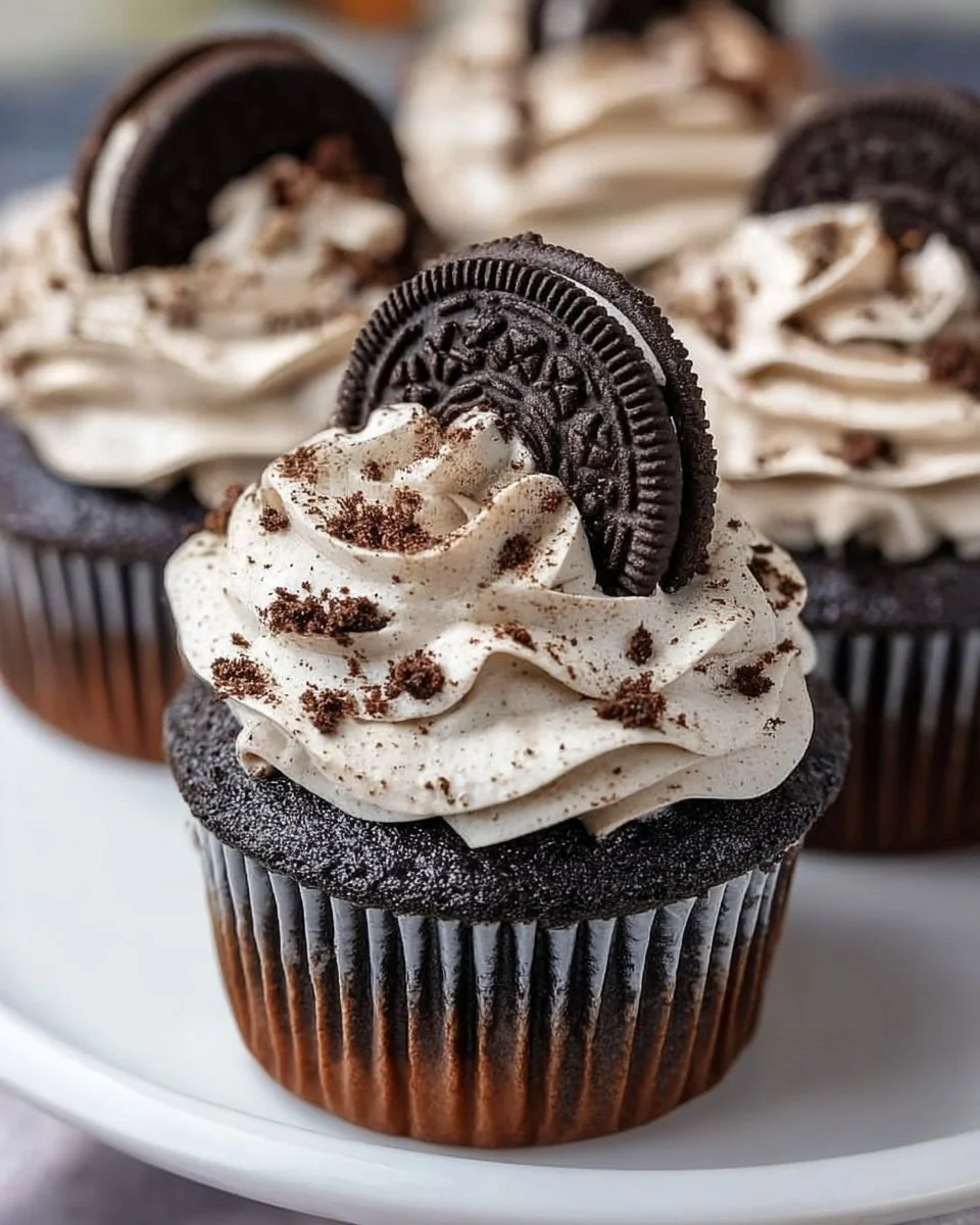 Delicious Oreo Cupcakes topped with cream and crumbled Oreos