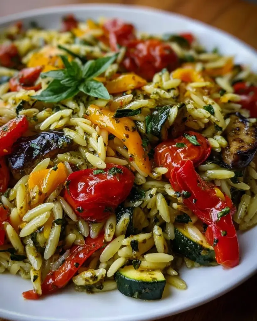 Orzo with roasted vegetables and pesto served in a bowl.