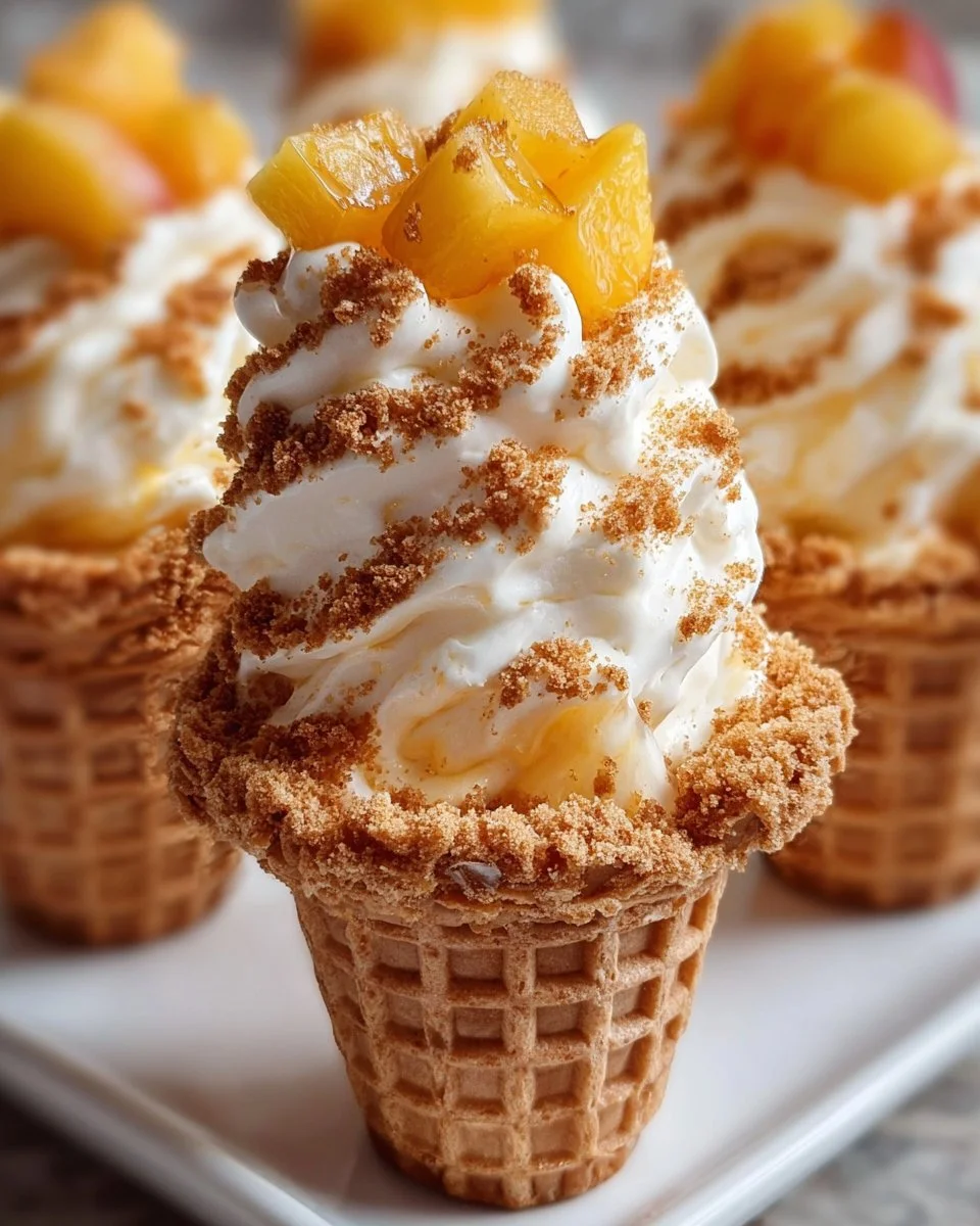 Peach cobbler cheesecake cones topped with fresh peaches and crunchy crust