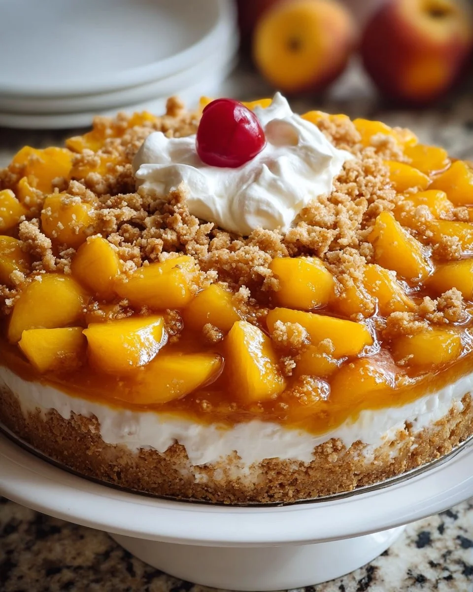 Peach Cobbler Cheesecake Fruit Salad with fresh peaches and creamy cheesecake topping