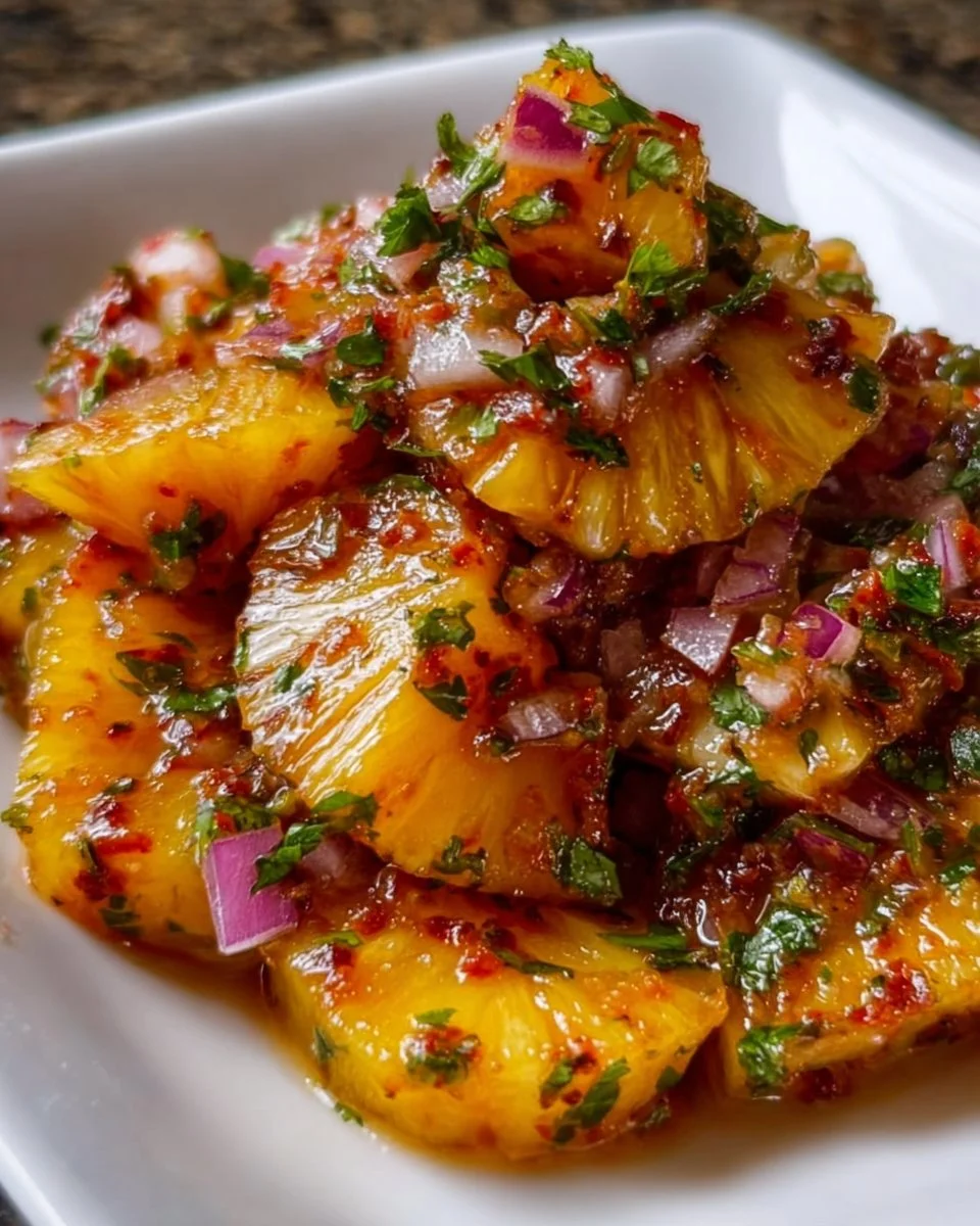 Bowl of homemade Pineapple Chipotle Salsa with fresh pineapple and chipotle peppers