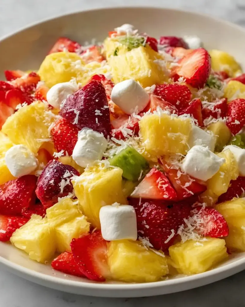 Pineapple Colada Fruit Salad served in a bowl with fresh fruit pieces