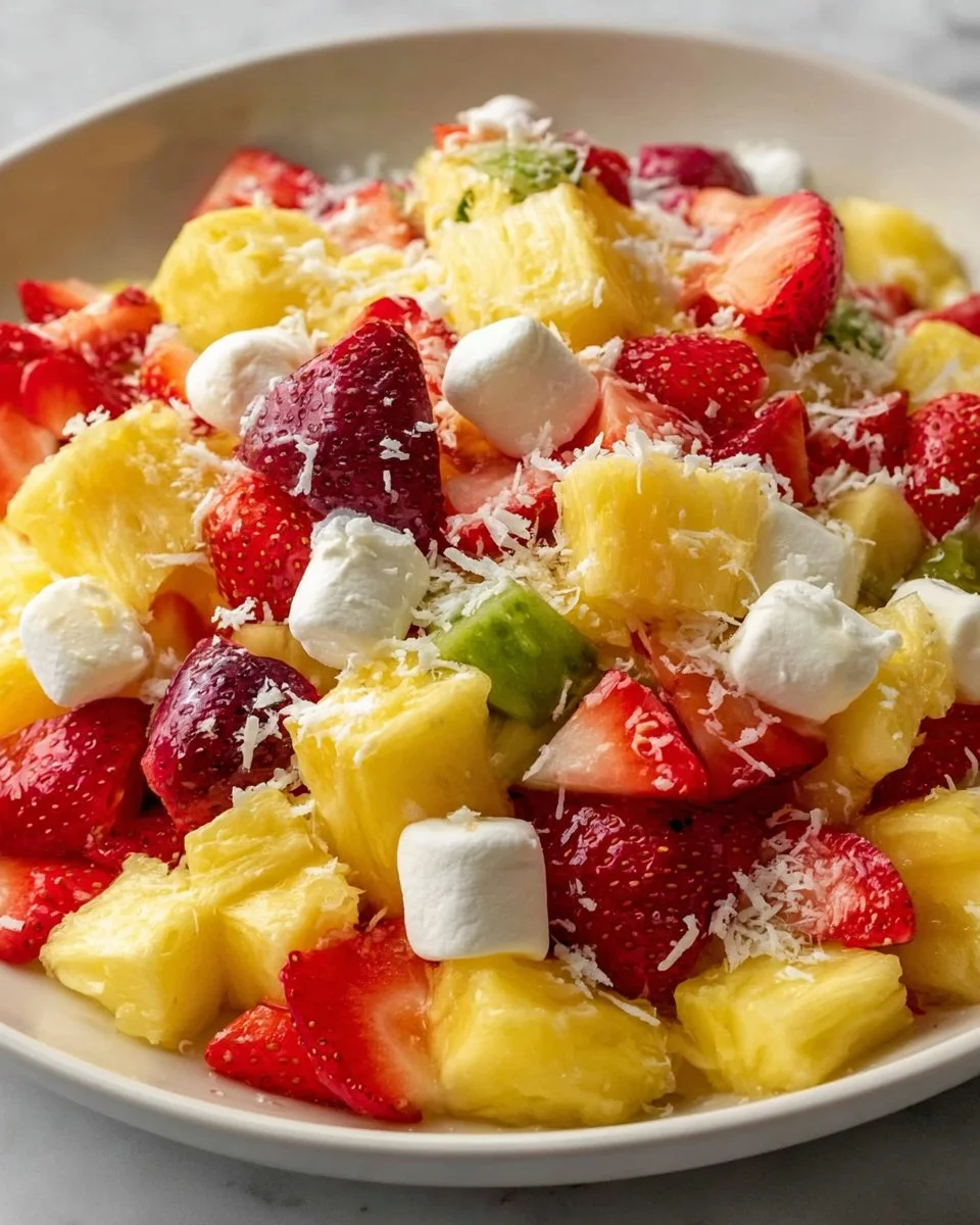 Pineapple Colada Fruit Salad served in a bowl with fresh fruit pieces