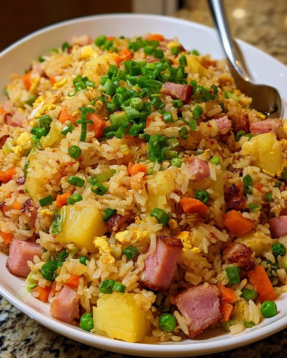Delicious Pineapple Fried Rice with Ham served in a vibrant bowl