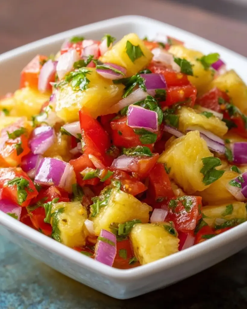 Fresh pineapple salsa with diced pineapples, cilantro, and lime in a bowl.
