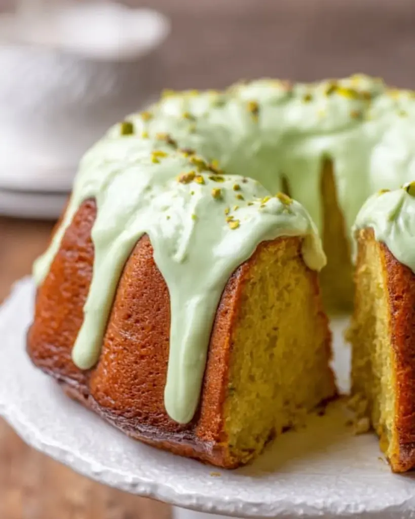 Deliciously moist pistachio bundt cake topped with green frosting and pistachios.