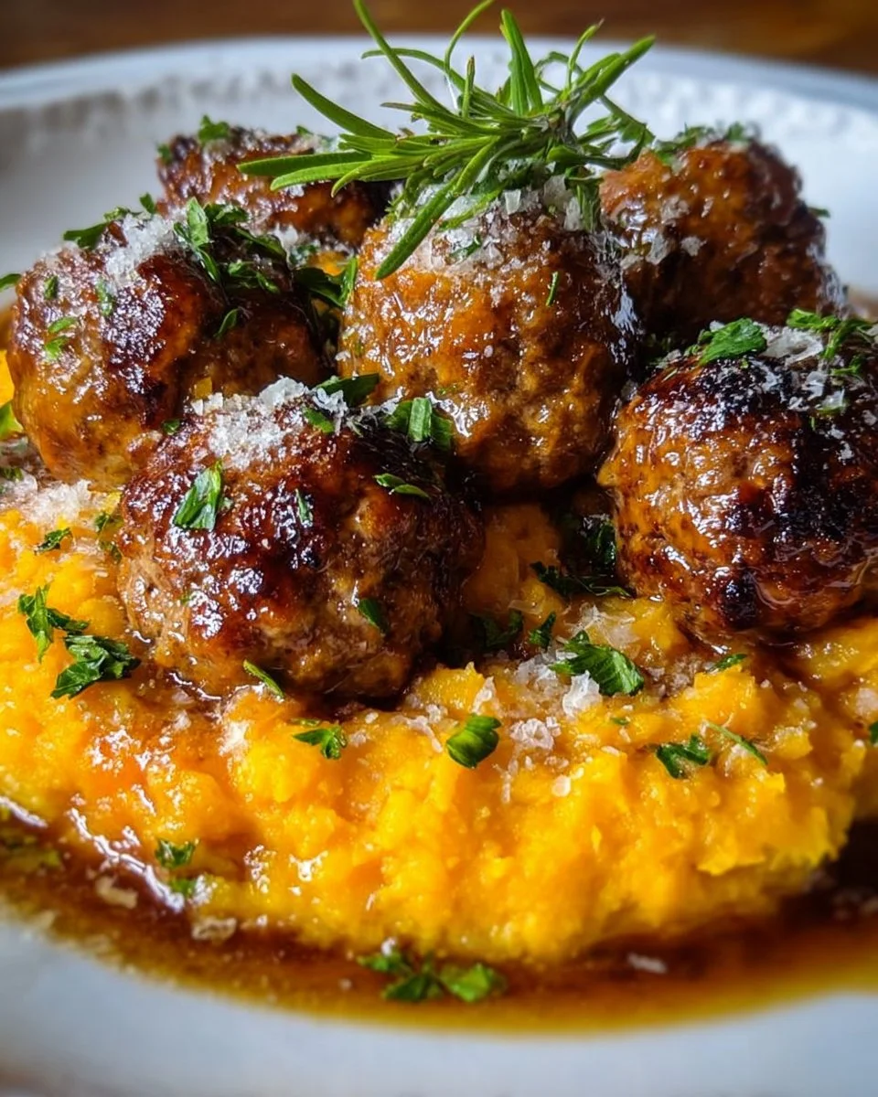 Pork meatballs served with sweet potato mash and bourbon-maple sauce