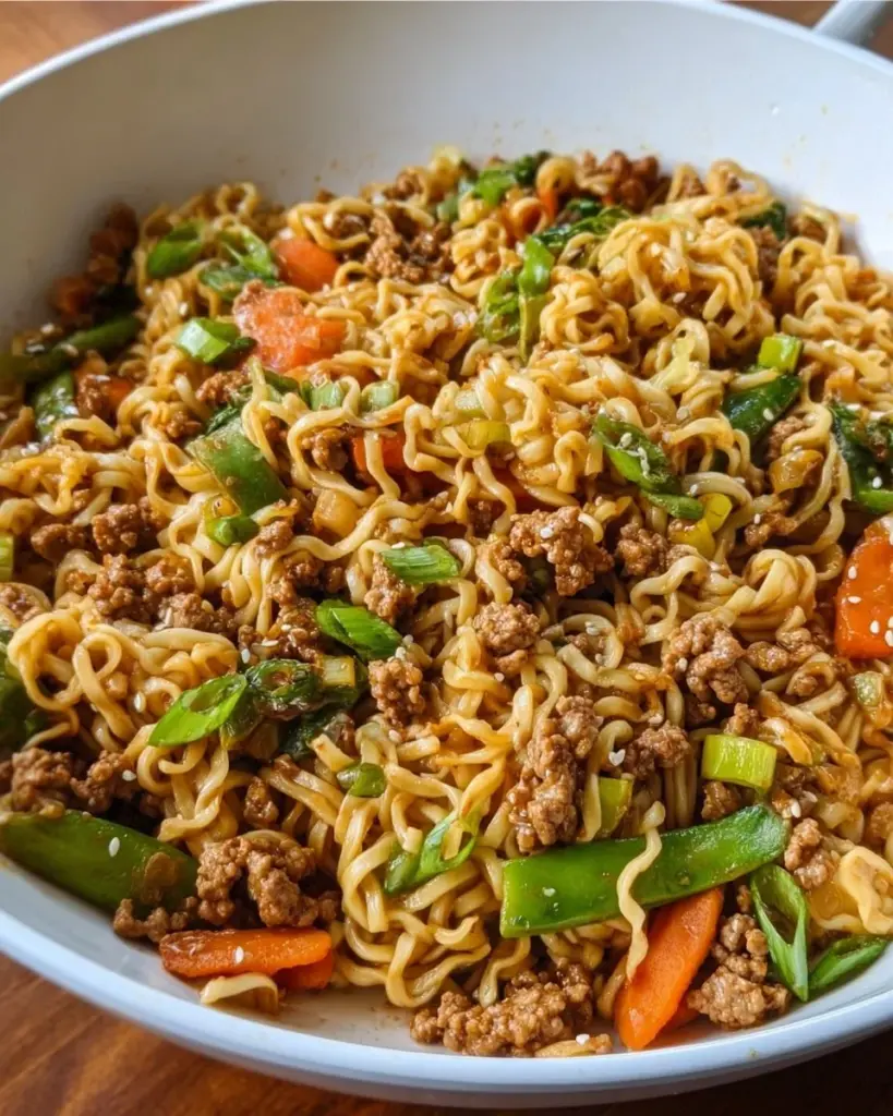 Pork Noodles Stir Fry with colorful vegetables and tender pork
