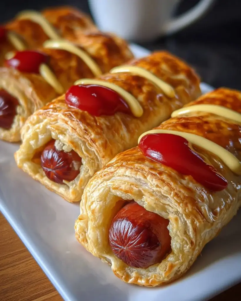 Puff pastry hot dogs wrapped in golden flaky pastry, ready to eat.