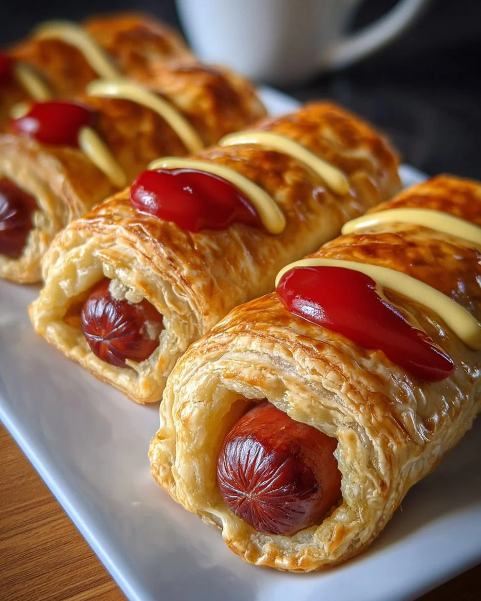 Puff pastry hot dogs wrapped in golden flaky pastry, ready to eat.
