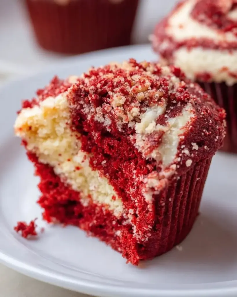 Red velvet cream cheese swirl muffins on a plate