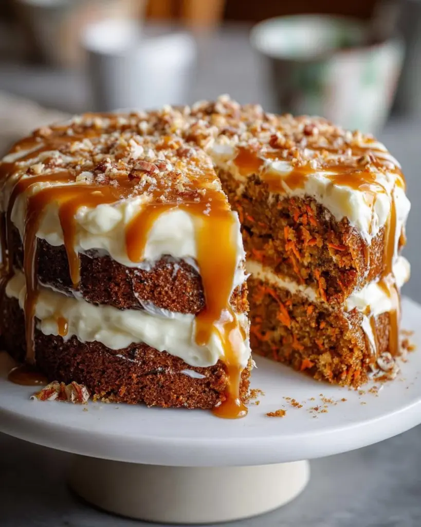 Delicious salted caramel carrot cake topped with creamy frosting.