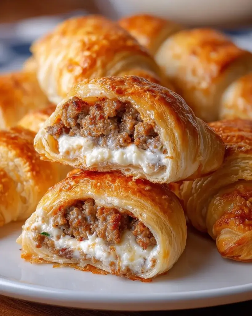 Sausage cream cheese stuffed crescent rolls on a baking tray