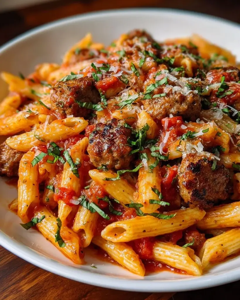 Delicious plate of savory Italian sausage pasta served with herbs and cheese.