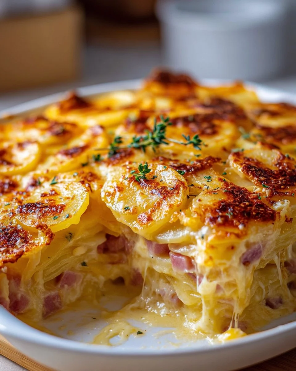 Creamy scalloped potatoes with ham and cheese, a delicious side dish