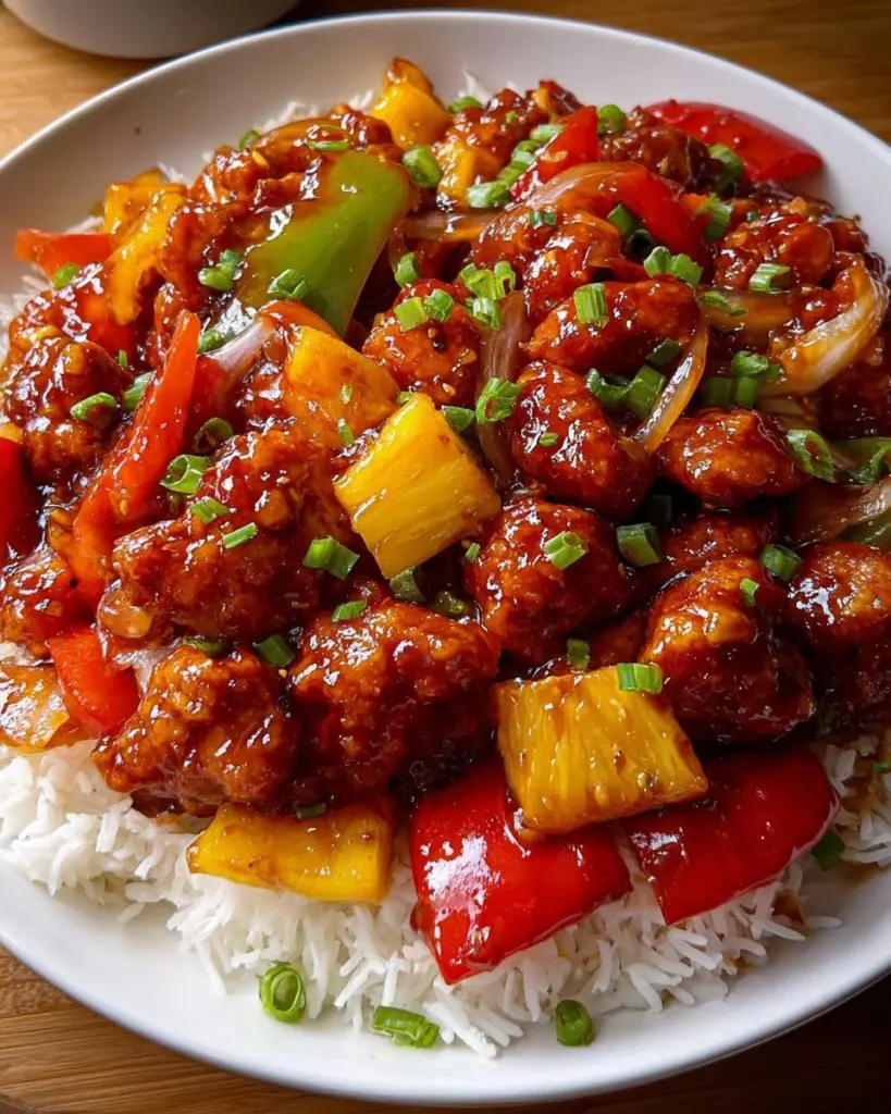 Delicious slow-cooked sweet and sour chicken served with colorful vegetables