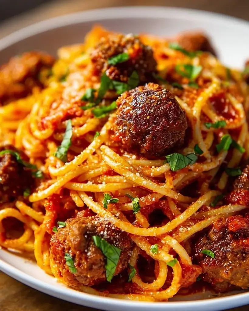 A delicious plate of spaghetti and meatballs with fresh herbs and Parmesan cheese