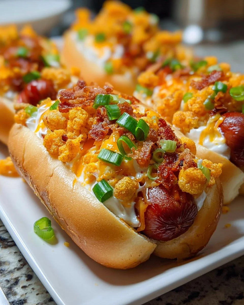 Spicy Flaming Cheetos Hot Dogs topped with crunchy Cheetos and unique spices.