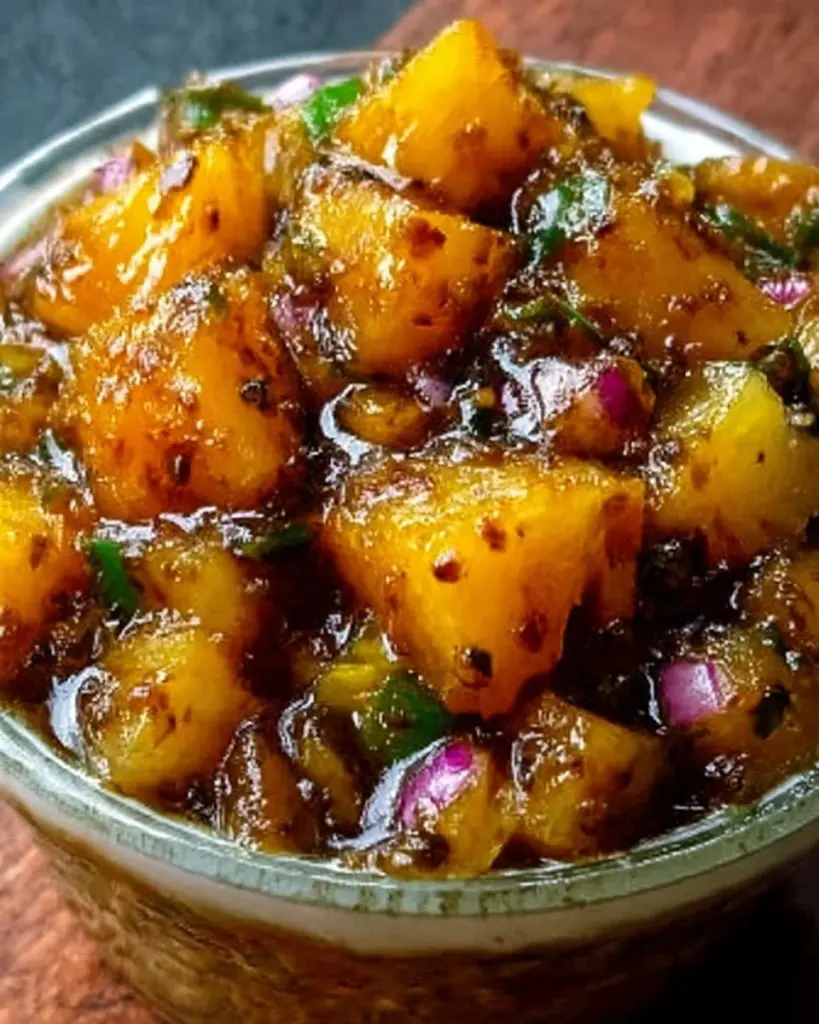 Spicy pineapple jalapeño chutney in a jar with fresh ingredients