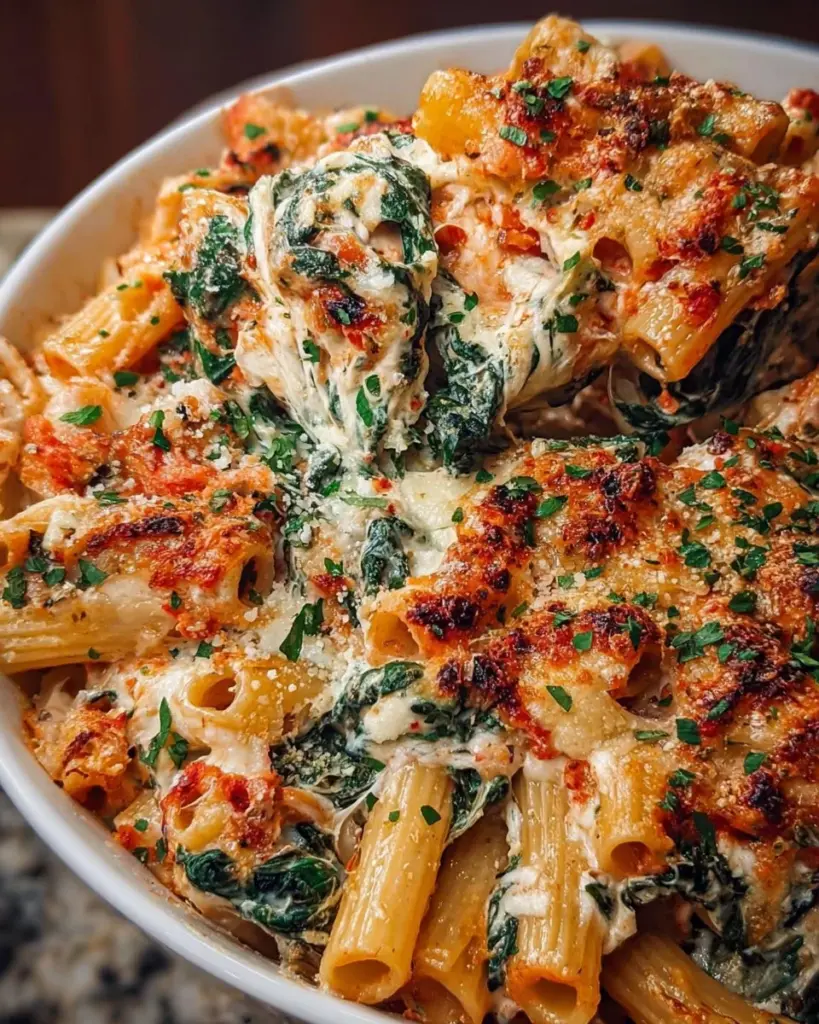 Delicious Spinach Ricotta Pasta Bake with creamy cheese and fresh spinach