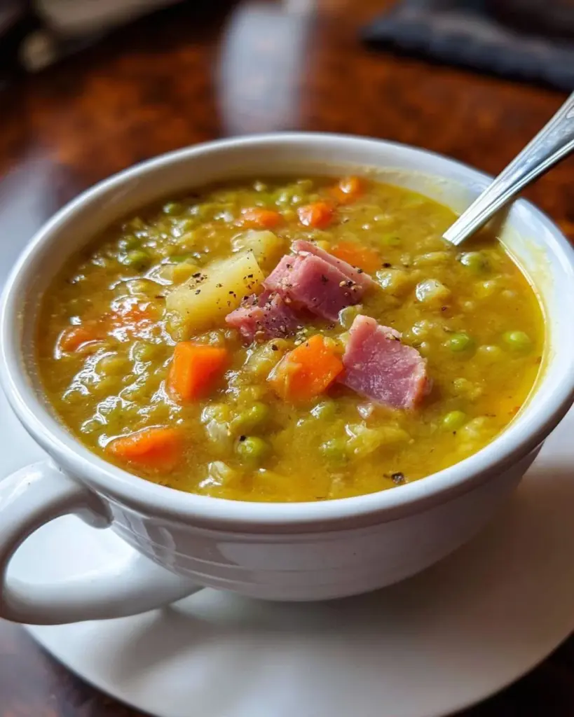 Bowl of creamy split pea soup garnished with fresh herbs and croutons