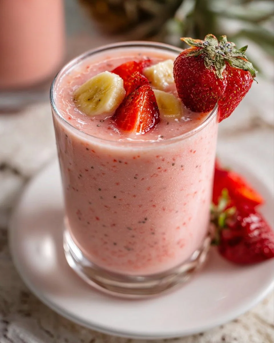 Strawberry banana pineapple smoothie in a glass topped with fresh fruit