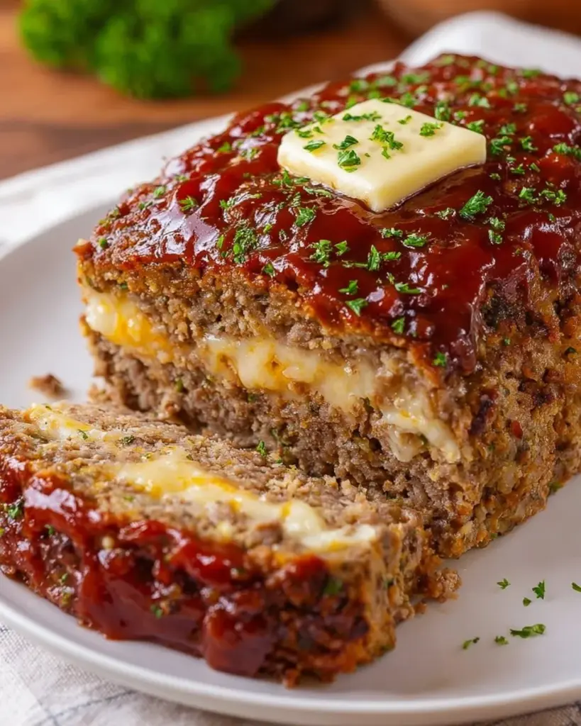 Deliciously prepared stuffed meatloaf on a serving plate, garnished with herbs.