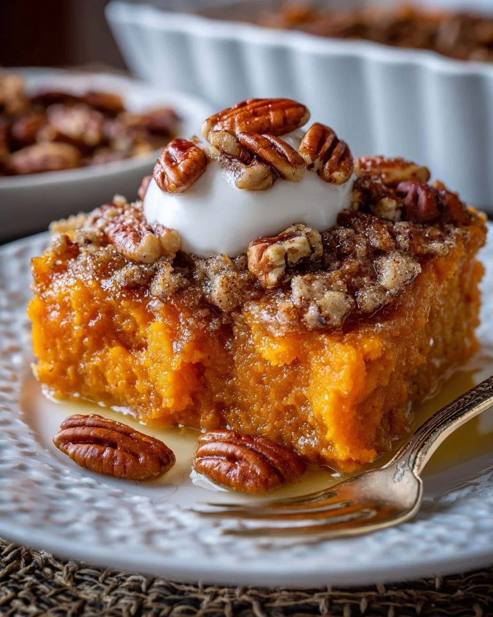 Delicious sweet potato casserole with marshmallows topping, perfect for Thanksgiving.