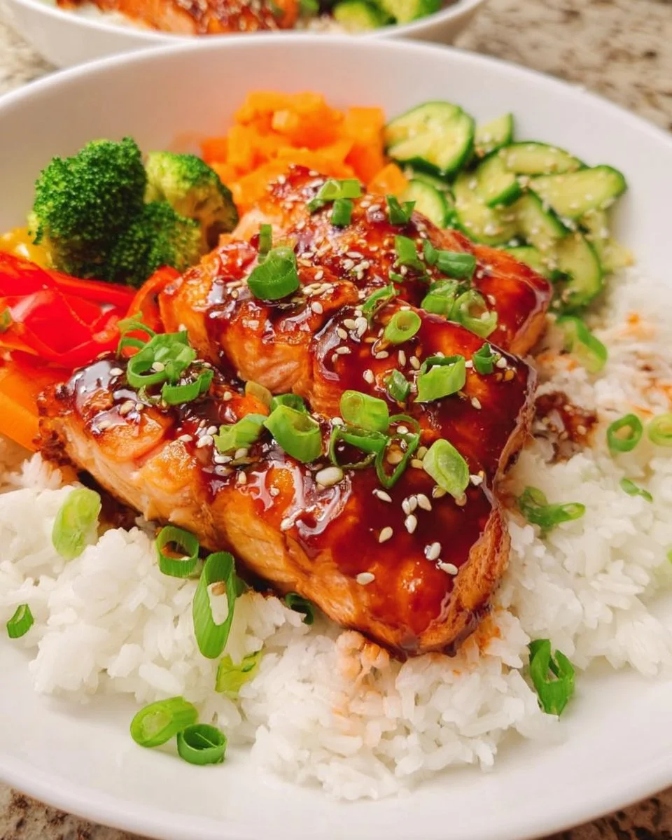 Teriyaki glazed salmon rice bowl with vegetables and rice