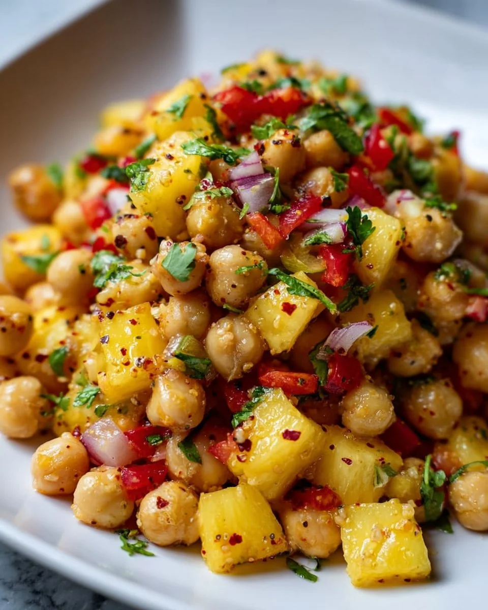 Tropical Chickpea Salad topped with fresh fruits and vegetables