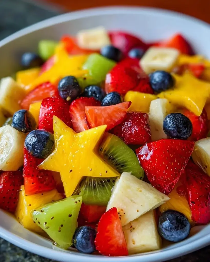 Colorful tropical fruit salad with pineapple, mango, and kiwi in a bowl