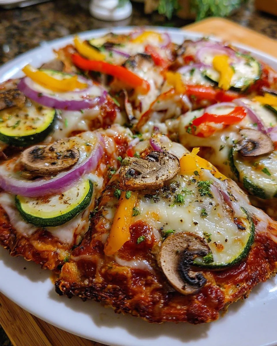 Delicious veggie pizza topped with fresh vegetables and herbs
