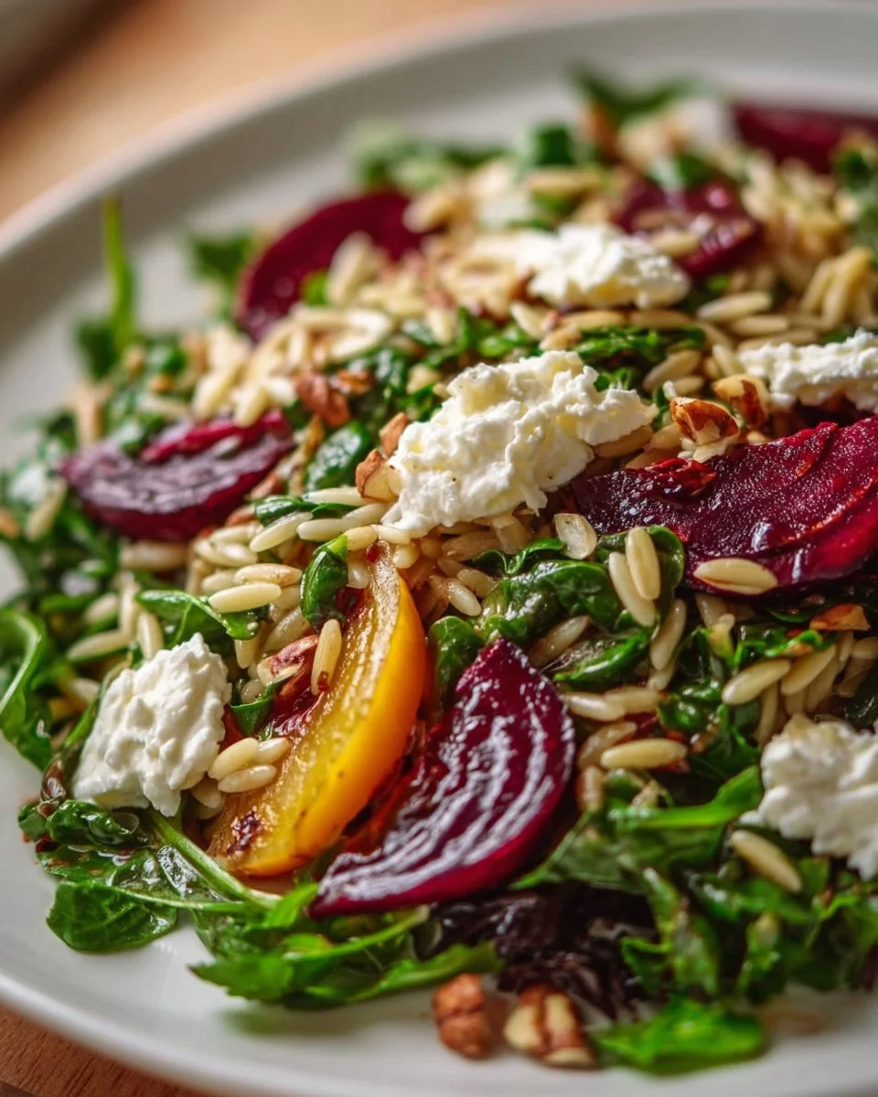 Warm orzo salad with beets and greens garnished with fresh herbs