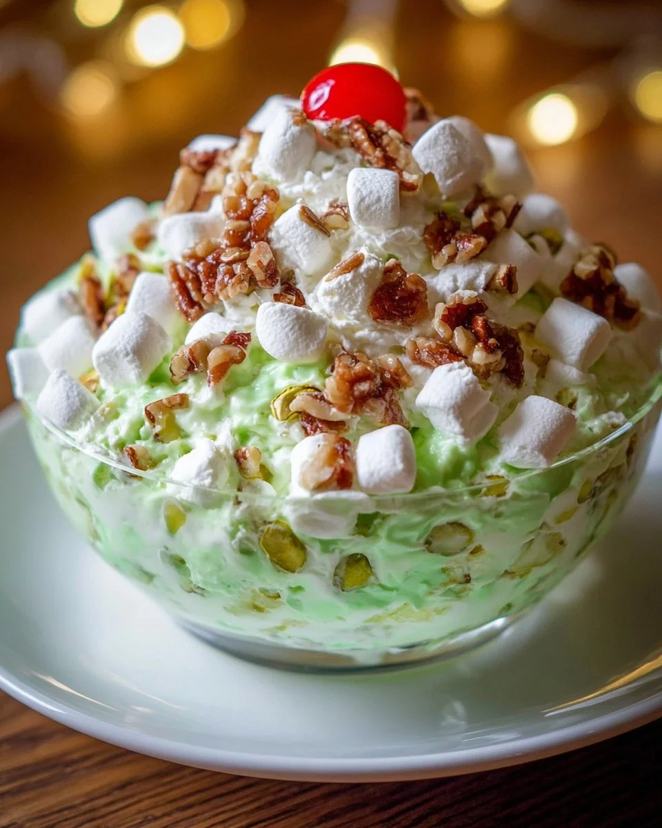 Delicious Watergate Salad with nuts, marshmallows, and pineapple in a serving bowl