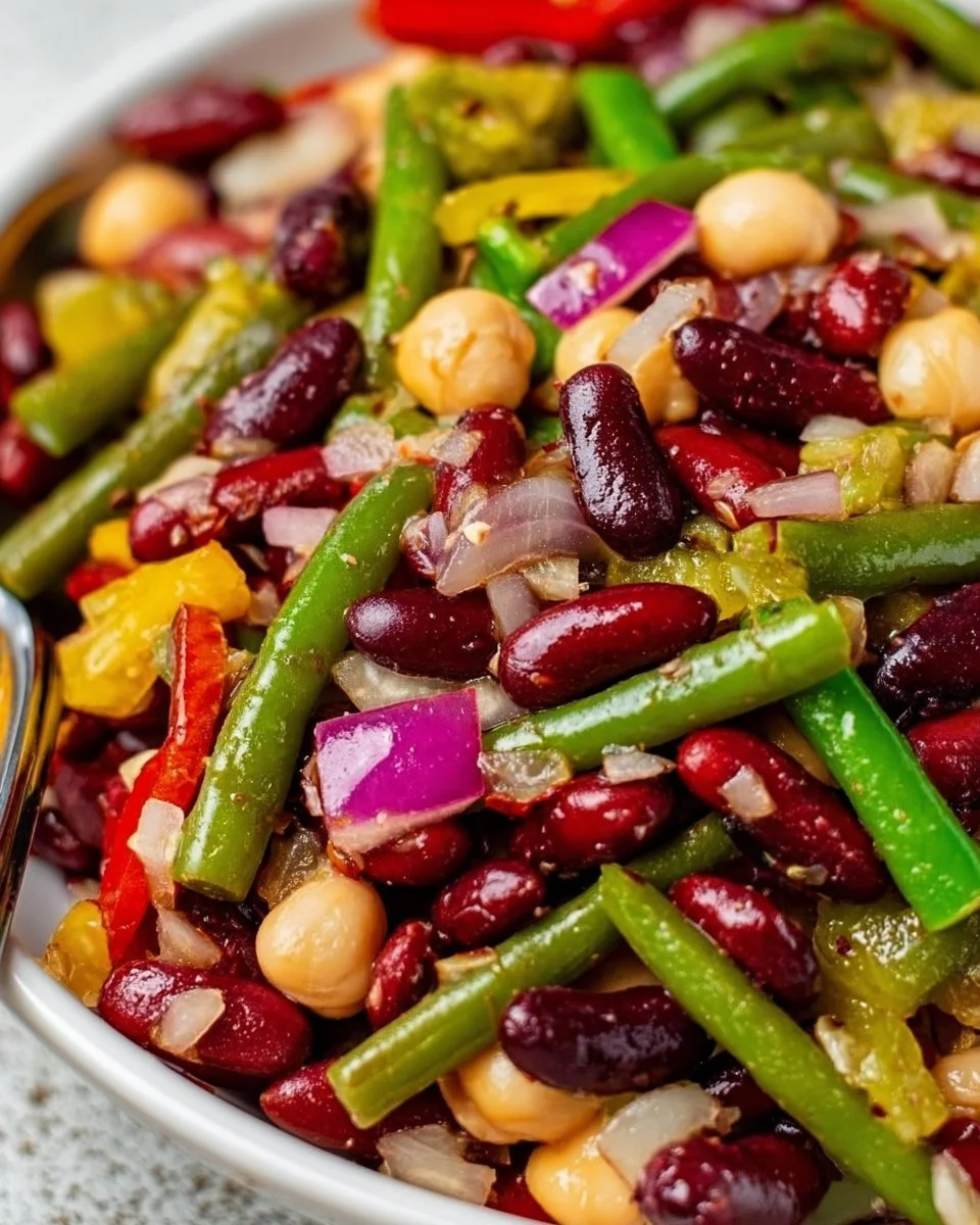 Colorful 5 bean salad full of healthy ingredients and fresh vegetables