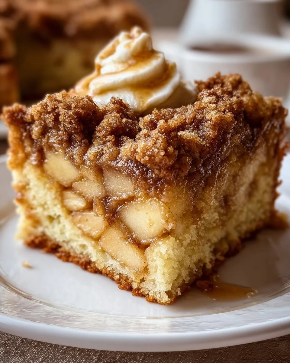 Slice of moist Apple Crisp Coffee Cake topped with a crunchy crumble