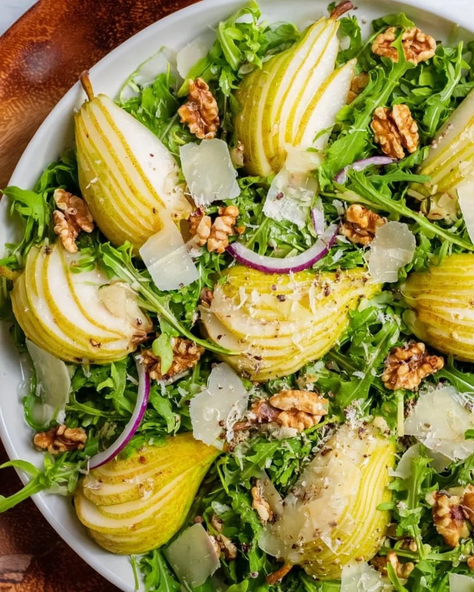 Delicious Arugula Pear Salad with fresh ingredients on a plate