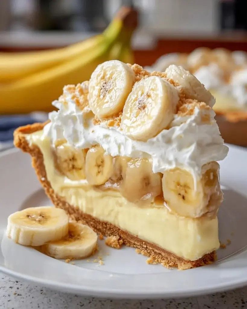 Sliced banana pudding pie with layers of banana and creamy pudding filling on a plate.