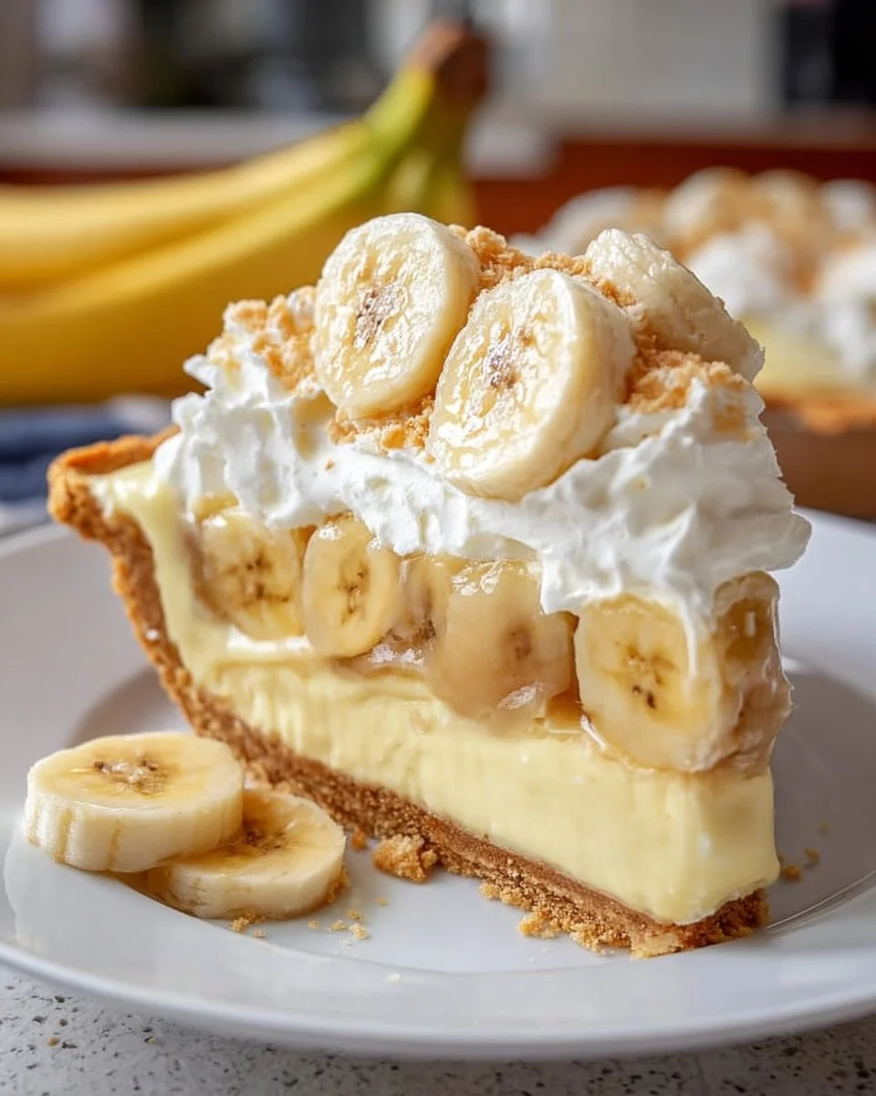 Sliced banana pudding pie with layers of banana and creamy pudding filling on a plate.
