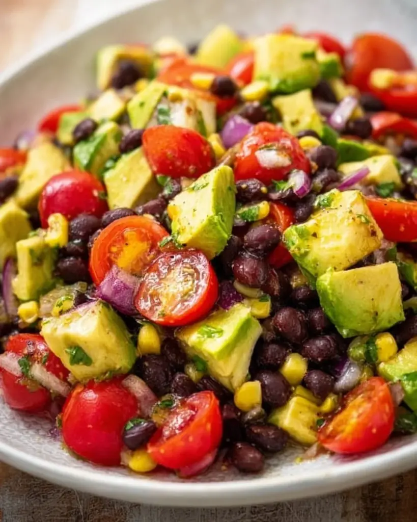 Fresh black bean avocado salad with vegetables in a bowl