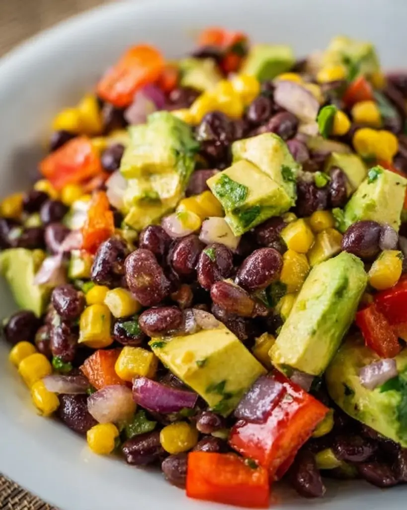 Colorful Black Bean Corn Avocado Salad with fresh ingredients in a bowl