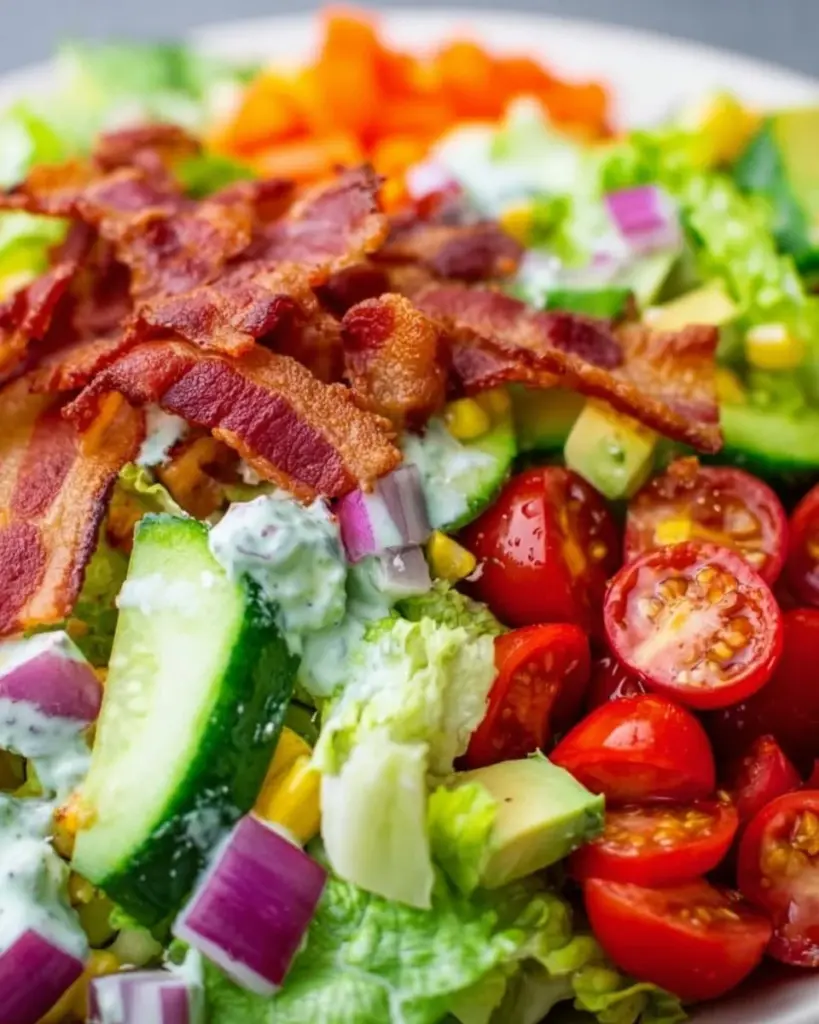 Delicious BLT salad chopped with crispy bacon, lettuce, and tomatoes.