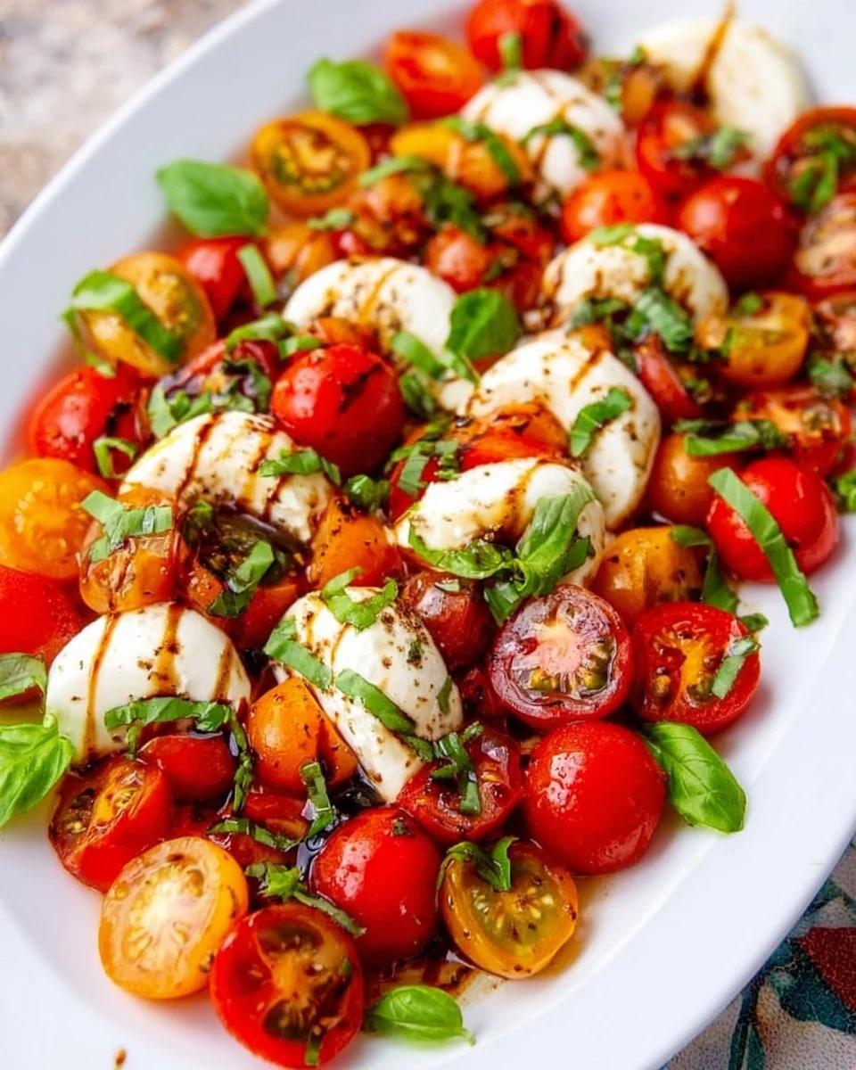 Delicious Caprese Salad featuring cherry tomatoes, fresh mozzarella, and basil leaves.