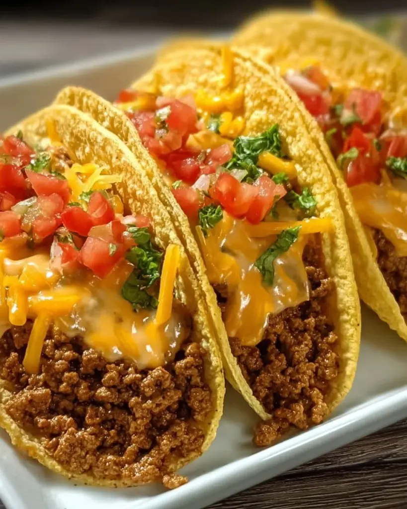 Cheesy rotel beef soft tortilla tacos served with fresh toppings.